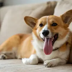 Uroczy corgi leży na kanapie, dysząc z językiem na wierzchu. Widać, że ma szybki oddech u psa, być może po zabawie.