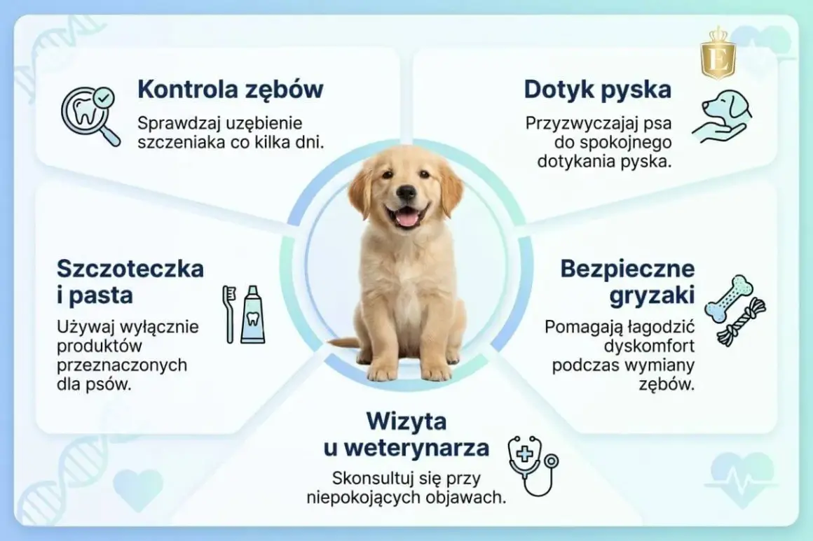 Szczeniak z uśmiechem, gdy psu wypadają zęby stałe. Porady: kontrola zębów, dotyk pyska, szczoteczka i pasta, bezpieczne gryzaki, wizyta u weterynarza.